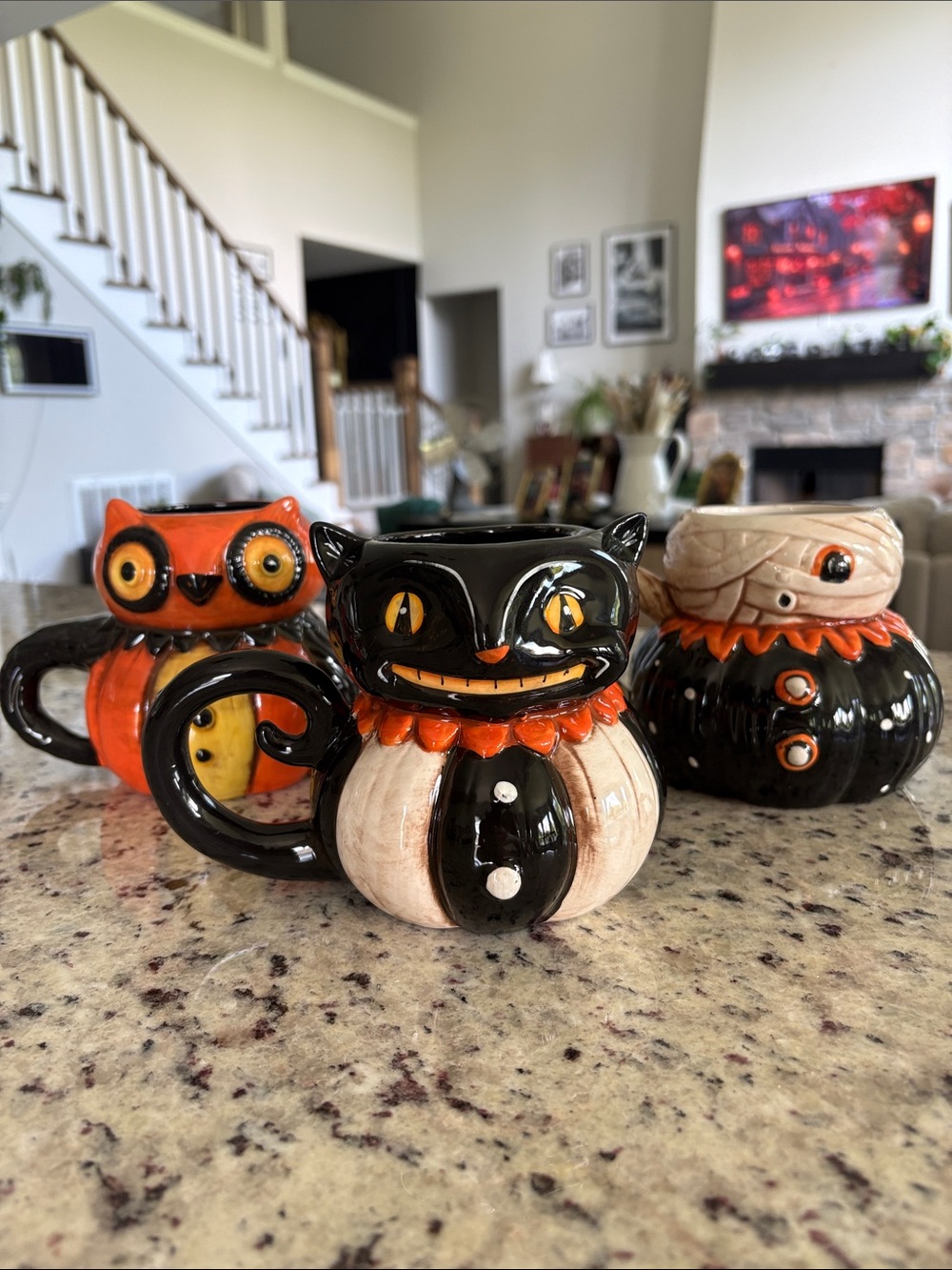 🖤🧡 Johanna Parker vintage HALLOWEEN Ceramic Mugs set of 3 - Orange & Black🎃🦇🍂